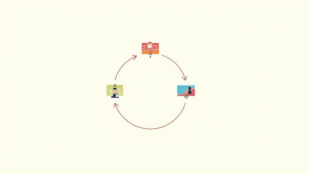 Two arrows, one straight and one looped, pointing towards each other, symbolizing the linear Waterfall and iterative Agile methodologies.