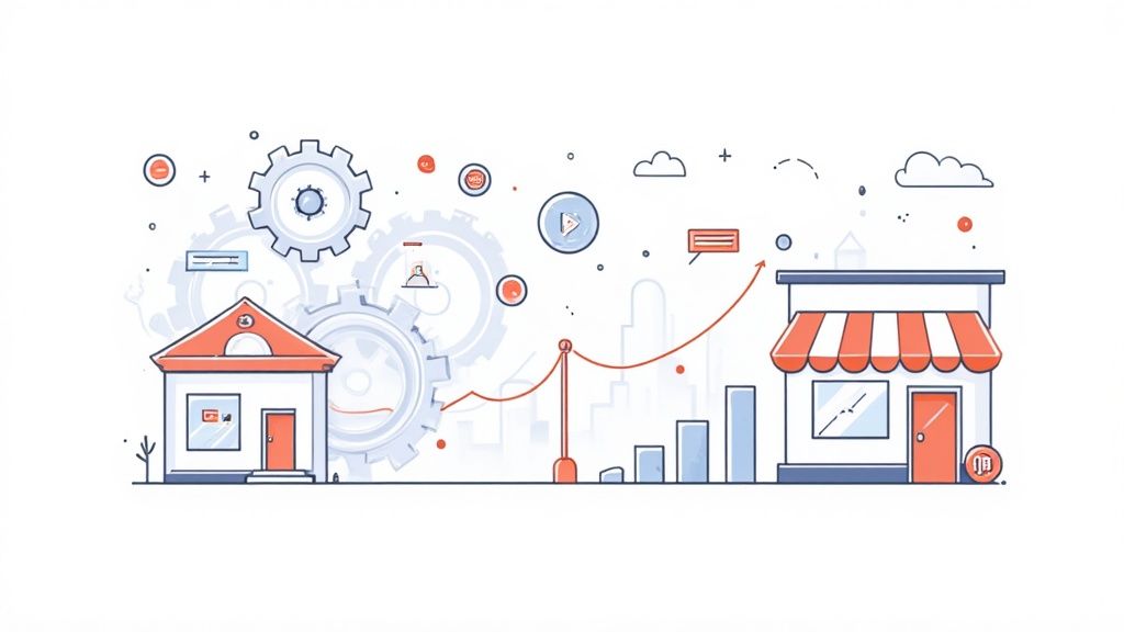 An image showing a person interacting with digital charts and graphs on a futuristic interface, representing technology driving business analytics.