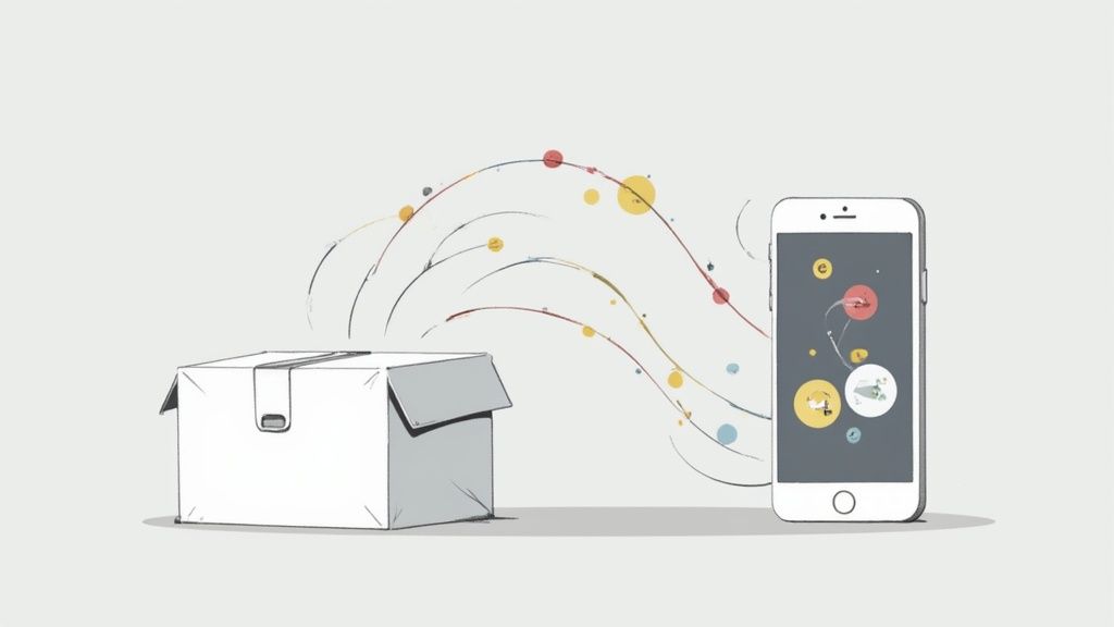 An image showing a person interacting with digital storefronts and subscription models on various screens, symbolizing a business model reinvented for a digital world.