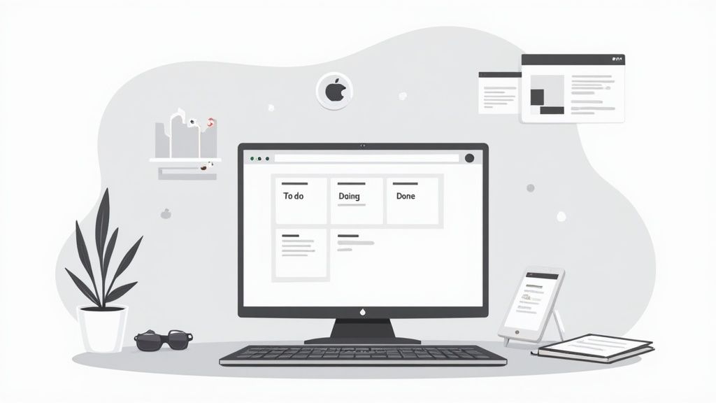 A person at a desk with multiple screens showing task management software interfaces