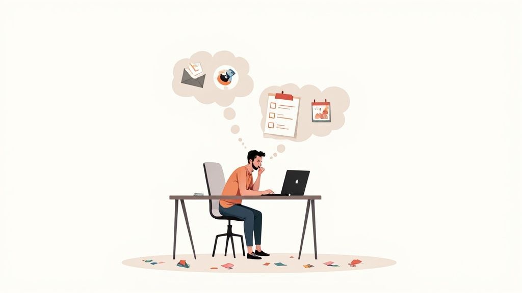 A person sitting at a desk with numerous sticky notes, looking overwhelmed by the number of tasks.