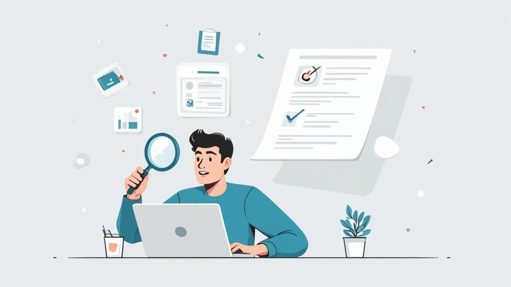 A person sitting in front of a laptop, comparing different online store platforms on the screen.