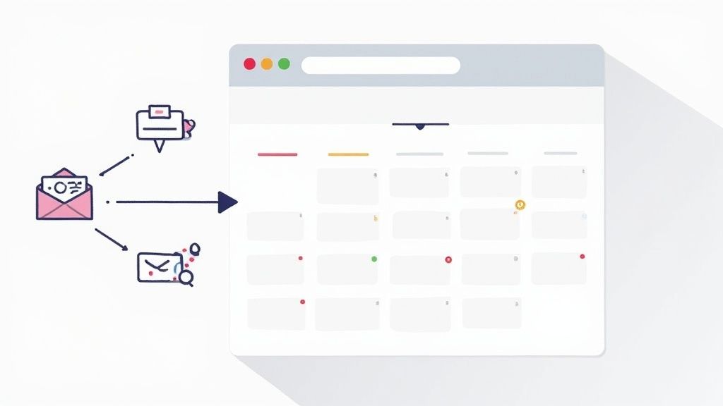 Person automating tasks on a computer with calendar and checklist icons floating around.