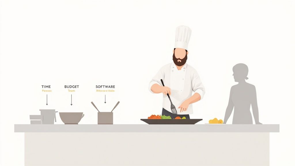 A project manager planning resource allocation on a large board with sticky notes.