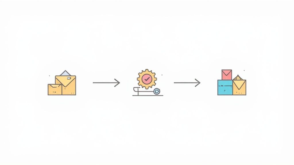 Three simple icons representing inputs, transformations, and outputs, illustrating the core components of a workflow.