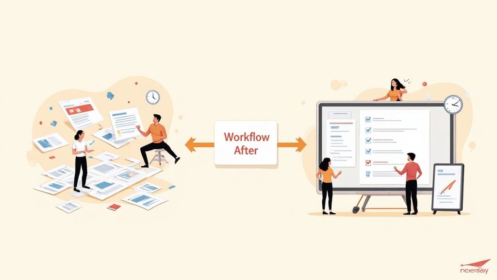 A team collaborating around a digital board, illustrating the organization that comes with workflow management.